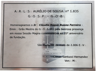 Placa da Loja Maçônica Aurélio de Sousa nº 1835